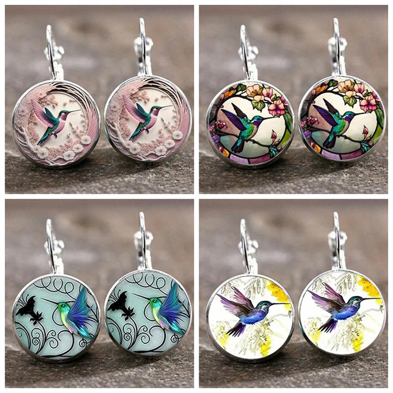 Fashion Hummingbird Glass Dome Cabochon Earrings For Women Rainforest Bird Jewelry Accessories