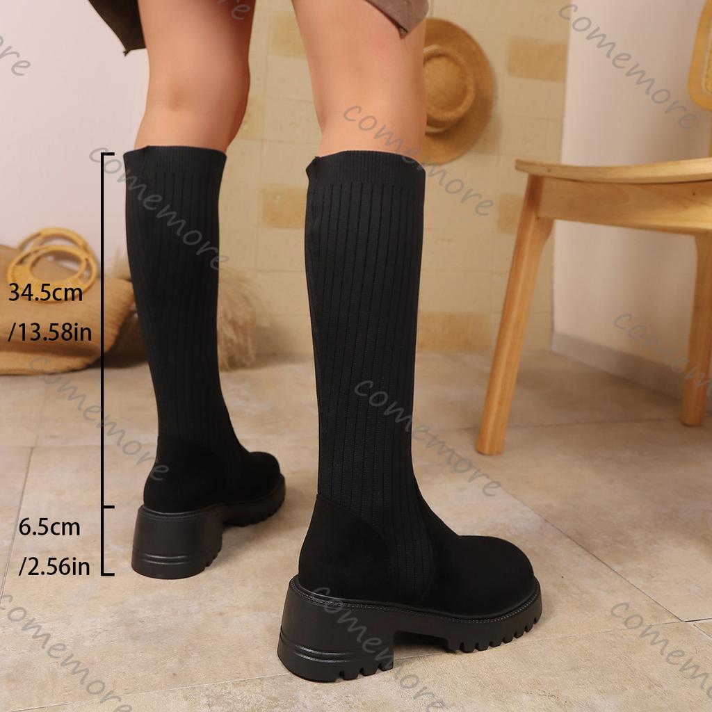 Fashion Comemore Autumn New Suede Elastic Socks Boots for Women Thick Bottom Breathable Knee High Boots Female High Heels Women Shoes