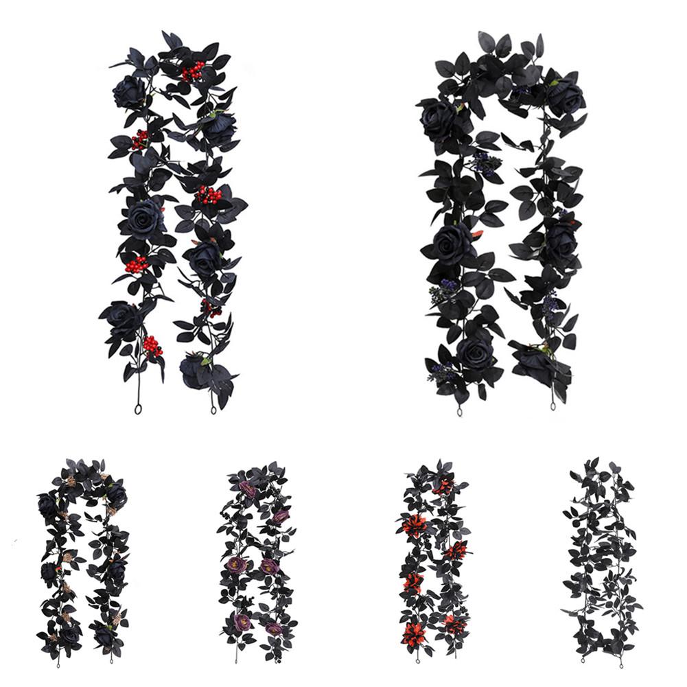 Halloween Garland, Artificial Rose Vine, Handmade Black Leaves, Reusable Odorless Halloween Hanging Rose Flower Garland For Wedding Party Table Center
