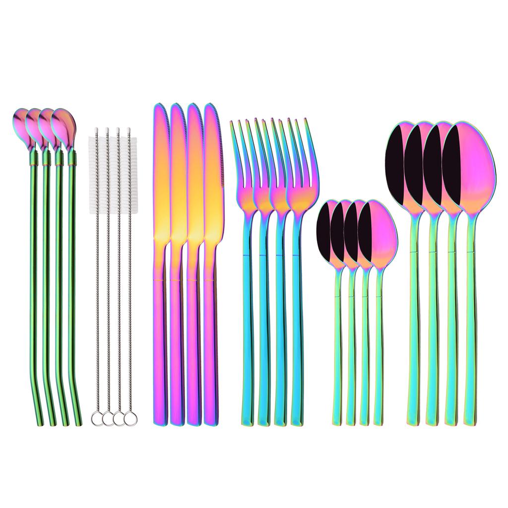 24Pcs Champagne Gold Cutlery Set Kitchen Tableware Stainless Steel Dinnerware Set Knife Fork Spoon Dinner Set Dishwasher Safe Service for 4