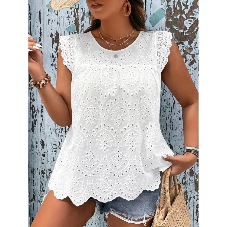 

Eyelet Embroidery Lace Stitching T Shirt Crew Neck Cap Sleeve Casual Plus Size Clothing for Women 2XL білий