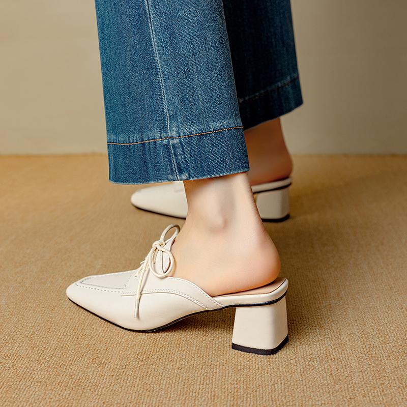 Fashion New Summer Women Shoes Genuine Sheepskin Leather Slippers Women Covered Toe Thick High Heels Party Dress Mules Ladies Sandals