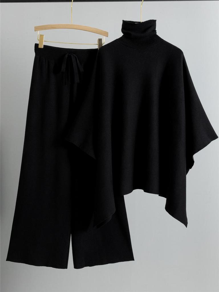 Women's Autumn Winter High Neck Cloak Sweater & Wide Leg Pants Set