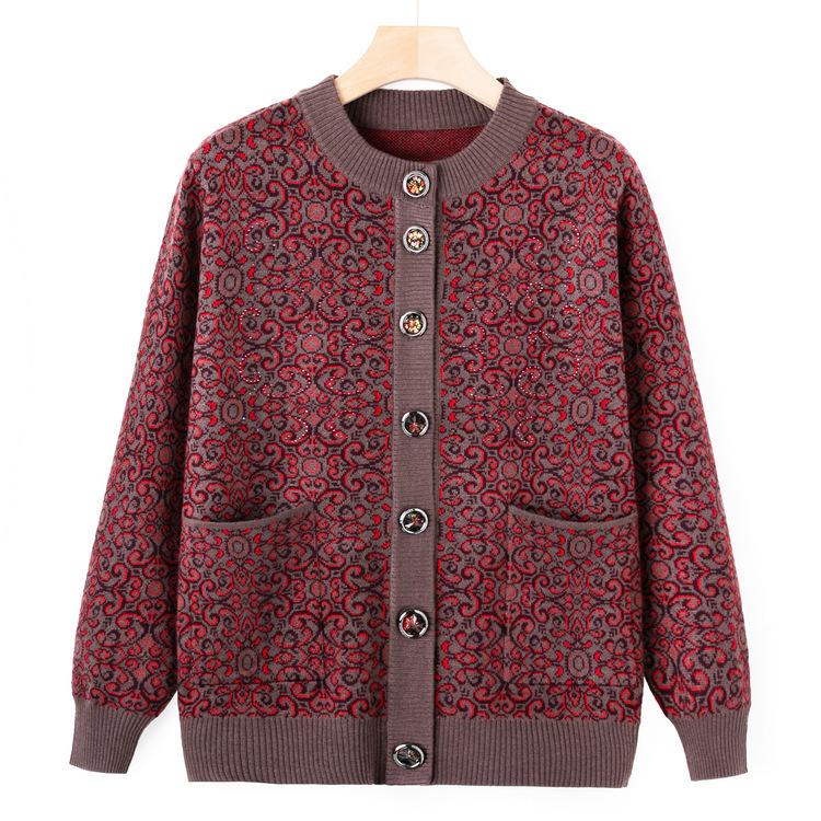 Fable Women's Purple/Red Middle-Aged And Elderly Sweater Coat Foreign Grandma Autumn Cardigan Coat Autumn And Winter New Mother Round Neck Sweater Cm