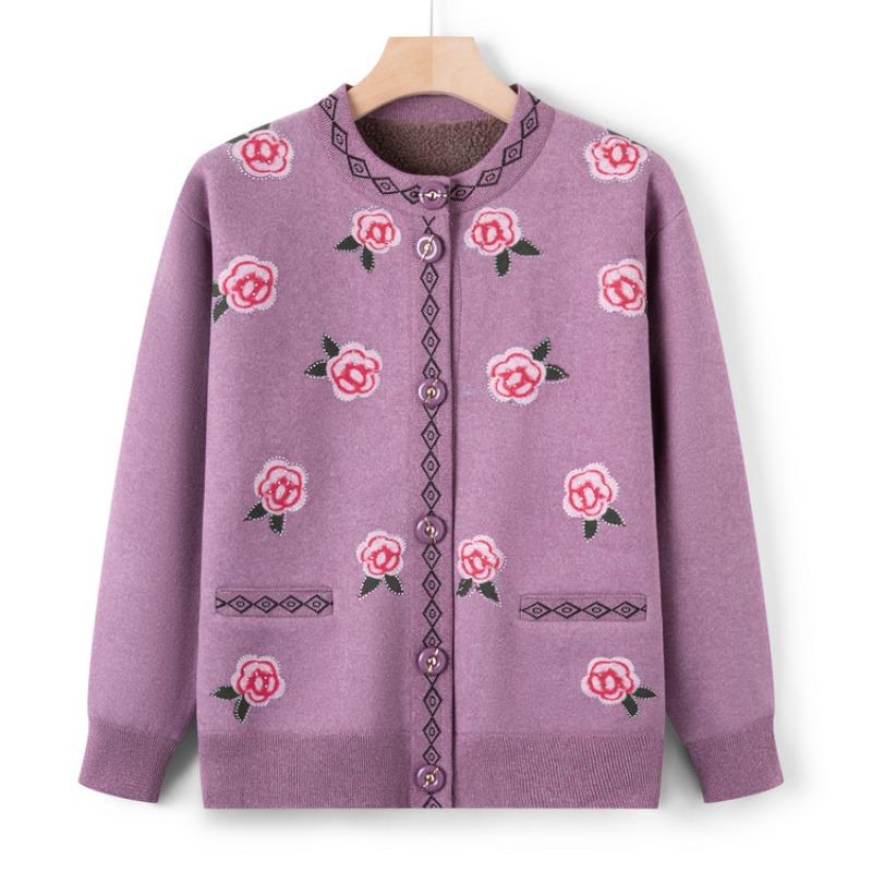 Middle-aged mother's autumn new velvet thickened knitted sweater grandma's cardigan printed top casual jacket