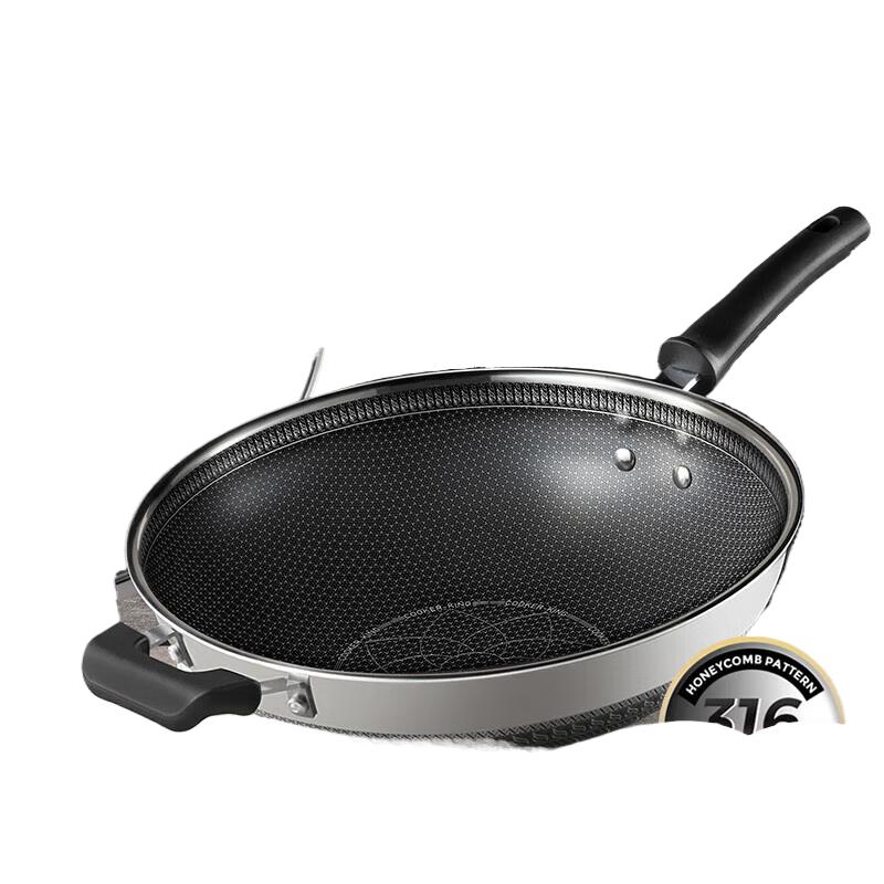 Chuidahuang 32cm 316 Stainless Steel Non-stick Wok with Double-sided Honeycomb and Visible Lid