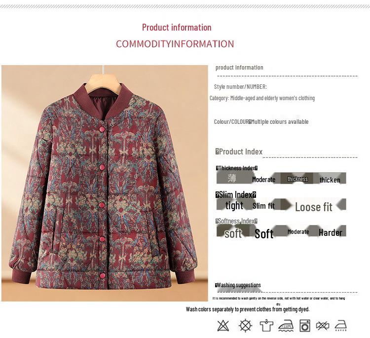 Women's Lightweight Warm Padded Jacket - Ideal for Middle-Aged and Elderly - Close-Fitting Inner Lining for Mothers and Grandmas