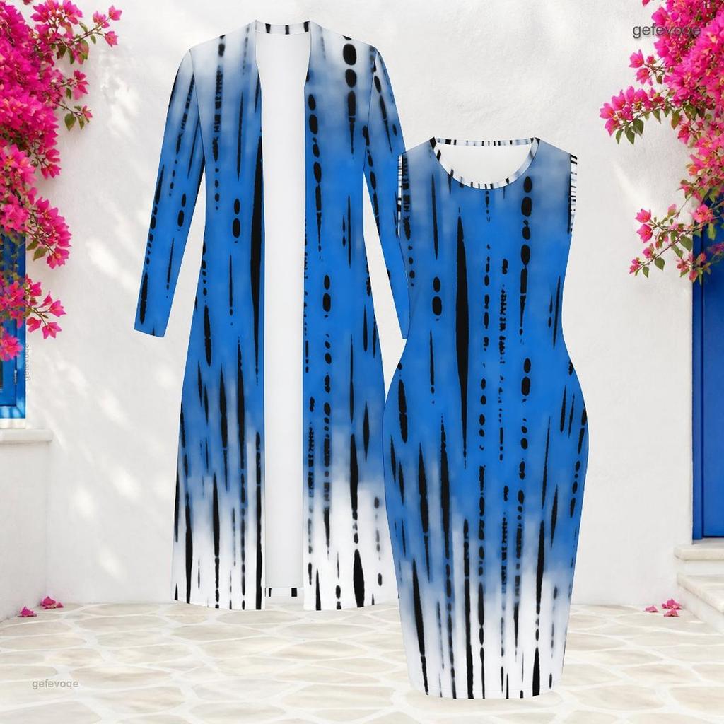 Women Plus Size Two Piece Set Long Sleeve Open Front Cardigan Sleeveless Crew Neck Bodycon Printed Dress