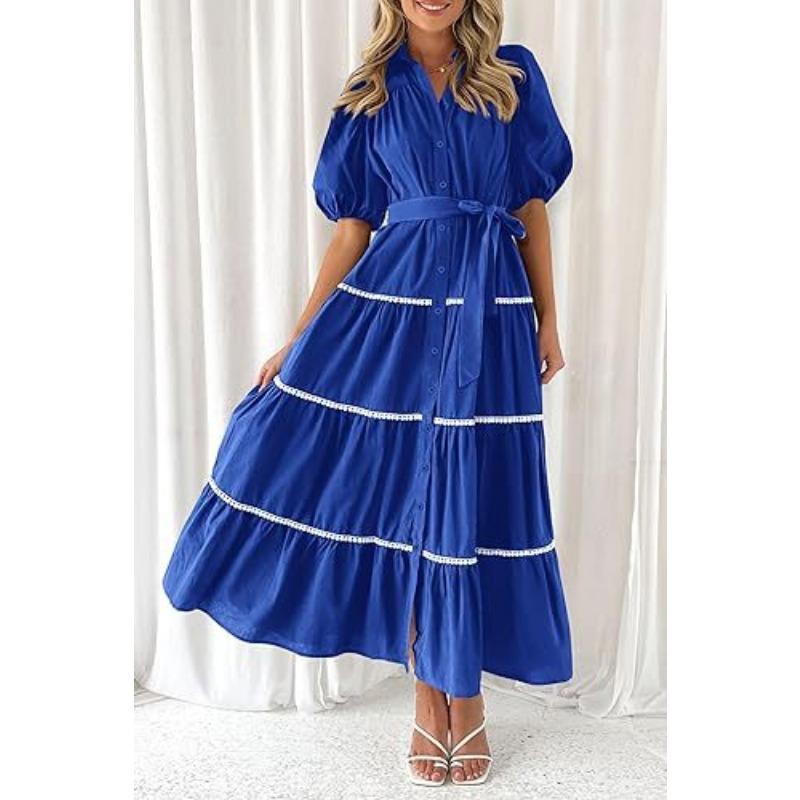 Elegantes Damen-Hemdkleid mit Rüschen in Übergröße, lockerer, plissierter Verband, Puffärmel, kurze Ärmel, Sommerkleid mit Knöpfen, modische Party-Prinzessinnenkleider 1078