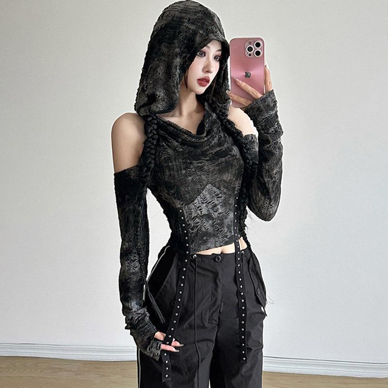 T-shirt à capuche dénudé à manches longues style vent de friche pour femme, fin, taille haute, personnalisé, court