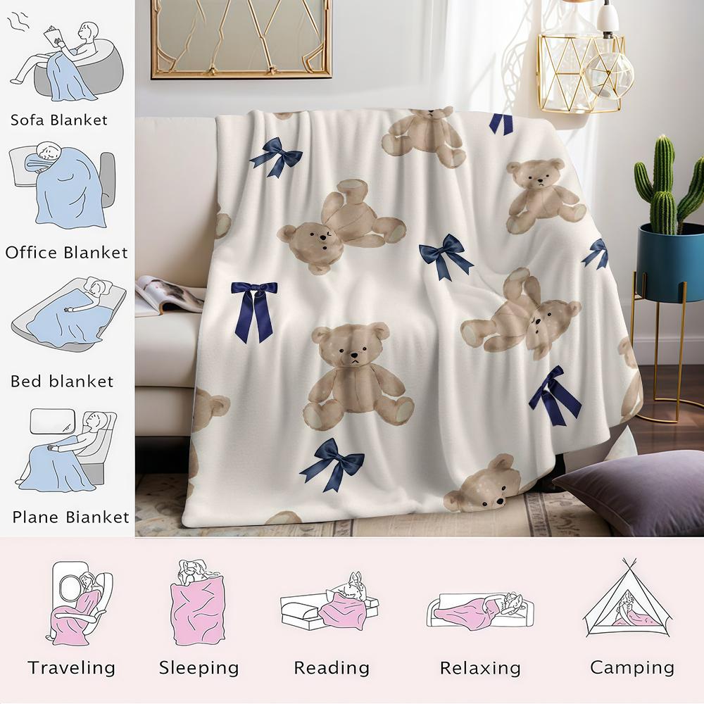 Teddy Bears and Bows Flannel Blanket Warm Soft Halloween Christmas Couch Warm Cozy Decorative Decor Gift for All Season