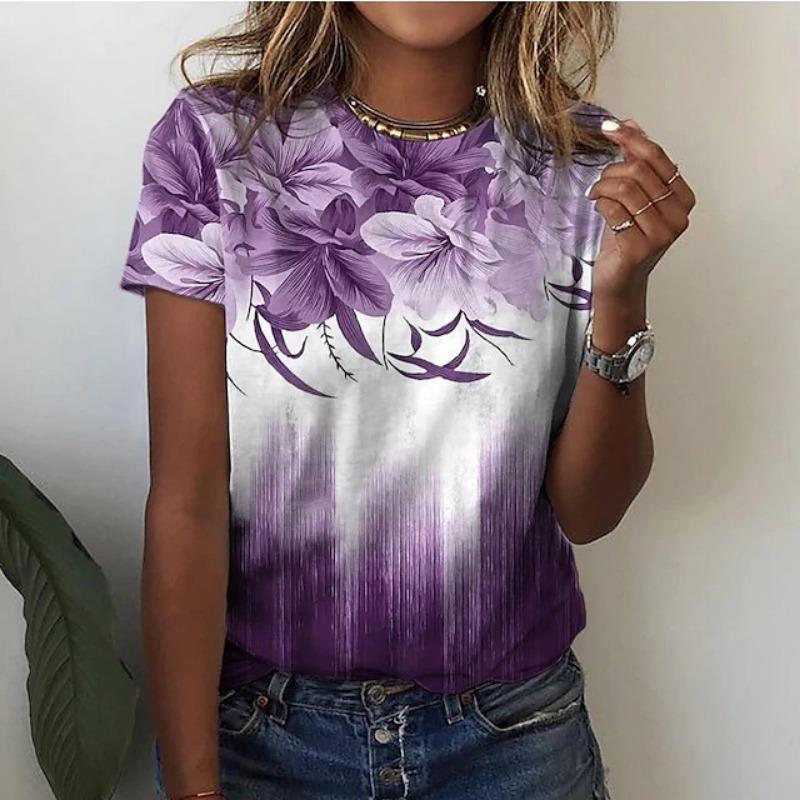 2025 Women's Street Fashion T-shirt Flower 3D Printed Short Sleeve Daily Versatile Casual Loose Round Neck Top Women's Wear