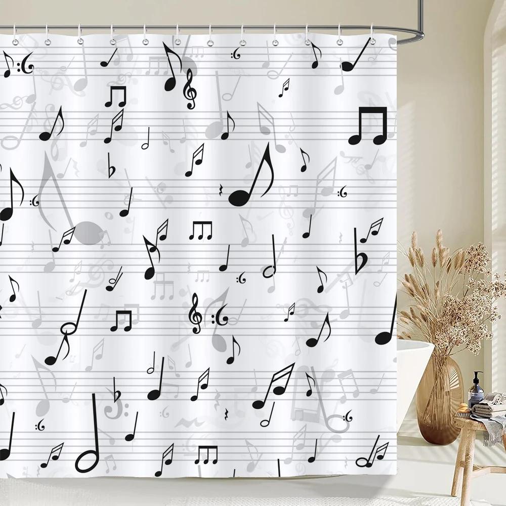 Music Notes Shower Curtain Grey White Design Musical Theme Bathroom Decor Treble Clef Artistic Pattern Modern Home Decor Gift