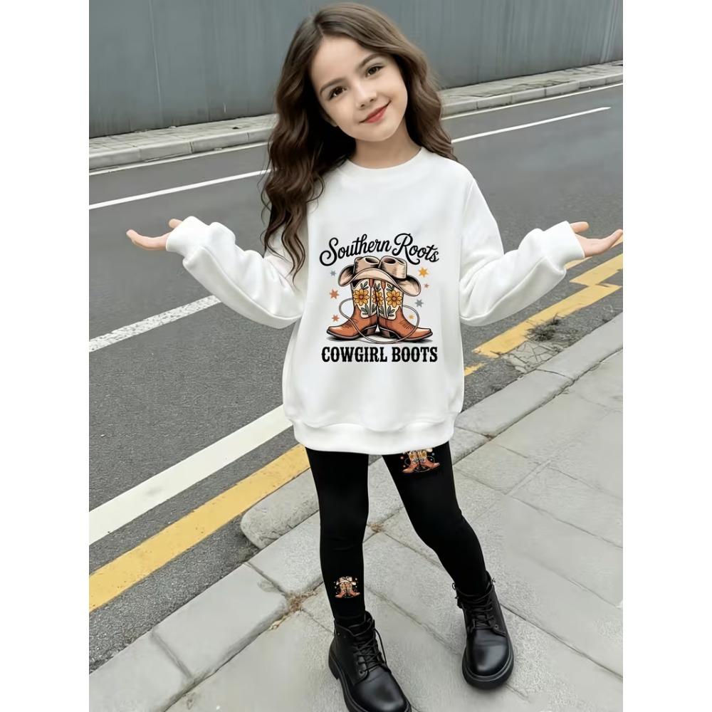 Girls' Cowboy Boots Casual Comfortable Soft Loose Pullover Sweatshirt and Leggings 2-Piece Set, New Autumn/Winter, Playful, Sweet and Cool Style