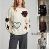 Women Loose Knit Long Sleeve Heart Jacquard Crew Neck Sweater