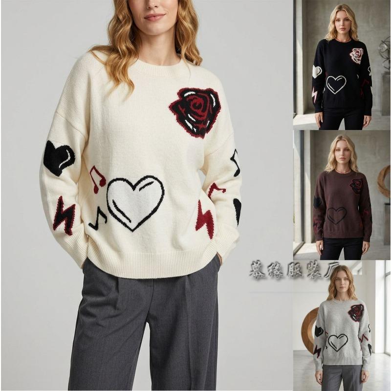 Women Loose Knit Long Sleeve Heart Jacquard Crew Neck Sweater