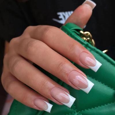 Medium And Long Powder Transparent Simple French White Edge Wearing Nail Finished Product Style Advanced Nail Piece Boxed Finished Product