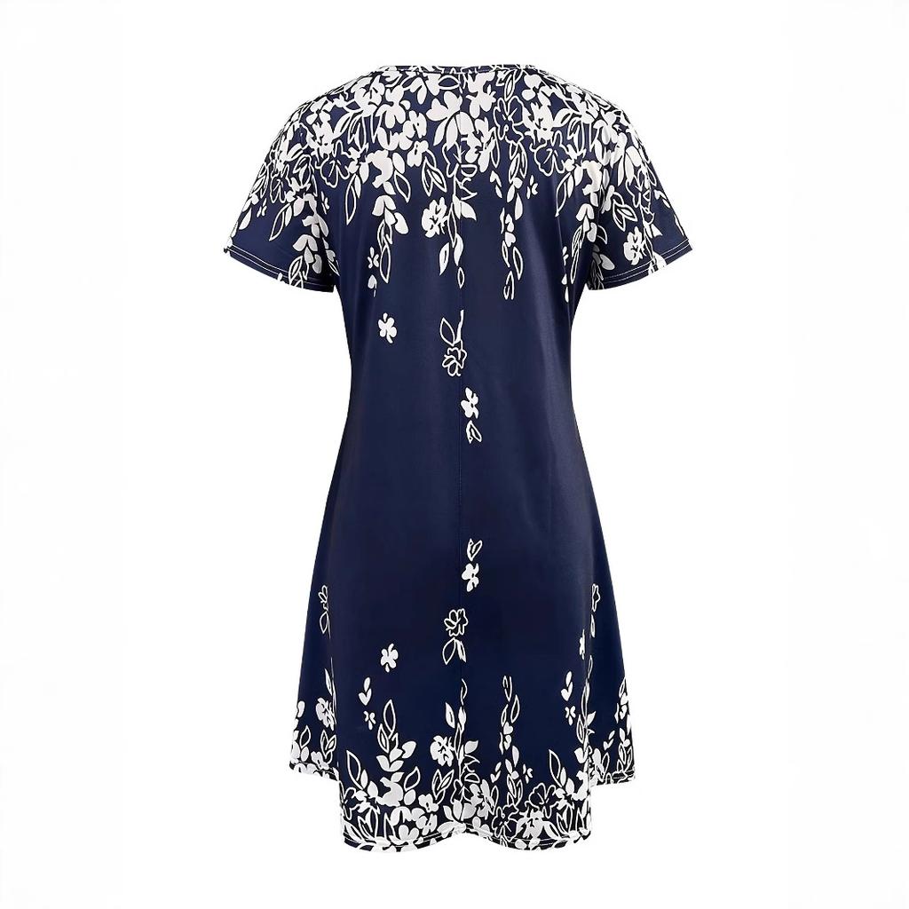 Damen Midi-Kleid mit Rundhalsausschnitt, kurzen Ärmeln, Regular Fit, mittelhohem Bund, Blumendruck, lässiges, lockeres Tunika-Kleid