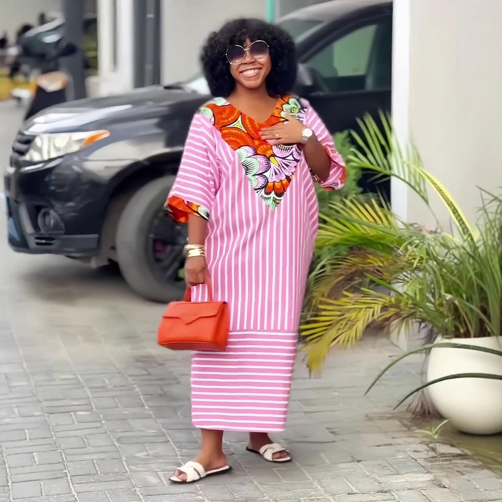 Europe, America 2026 summer African print striped long dress fashion loose casual elegant versatile skirt