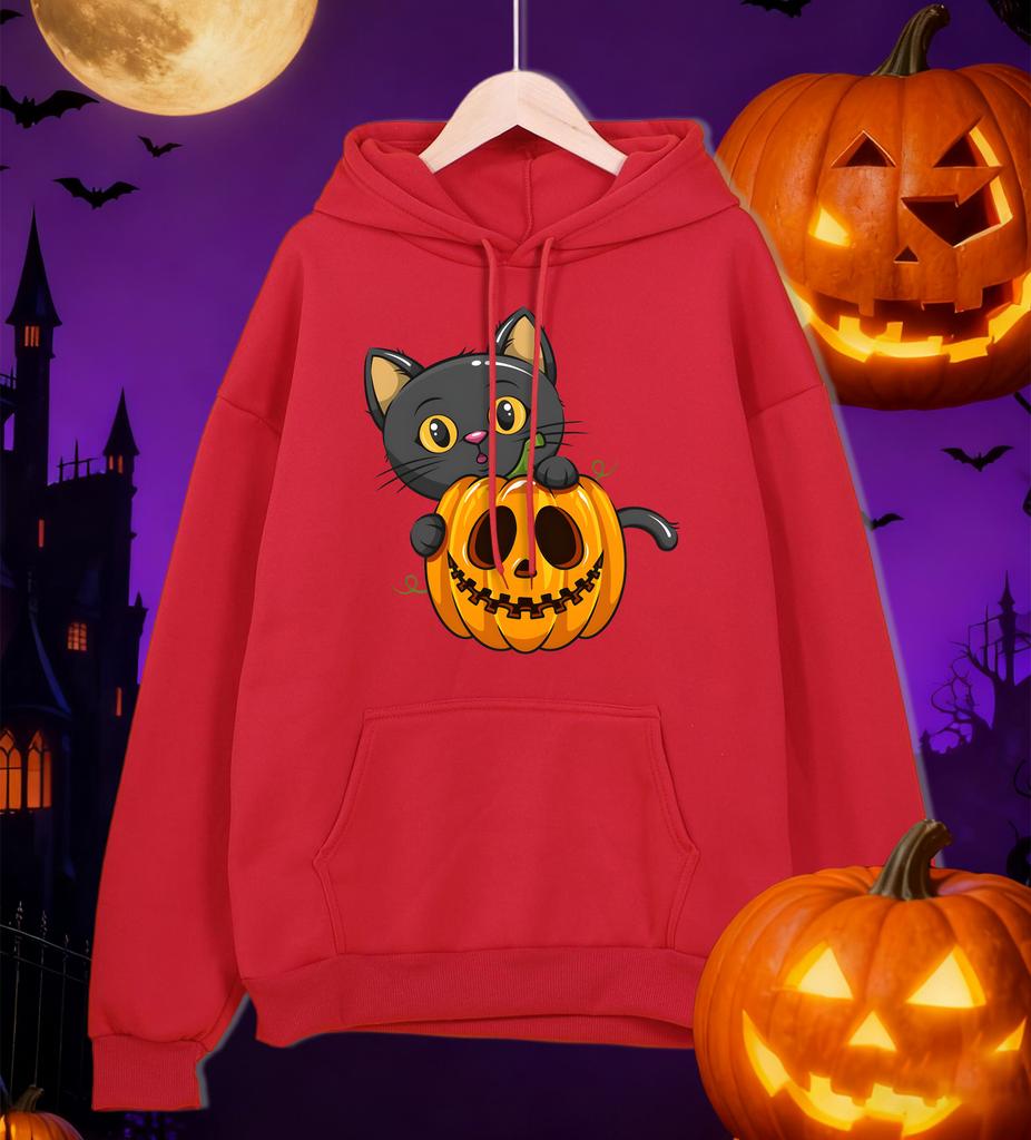 Halloween Cute Cat And Pumpkin Printing Hoodies Male Loose Pocket Pullovers Fleece Fashion Hoody Autumn Comfortable Sportswear