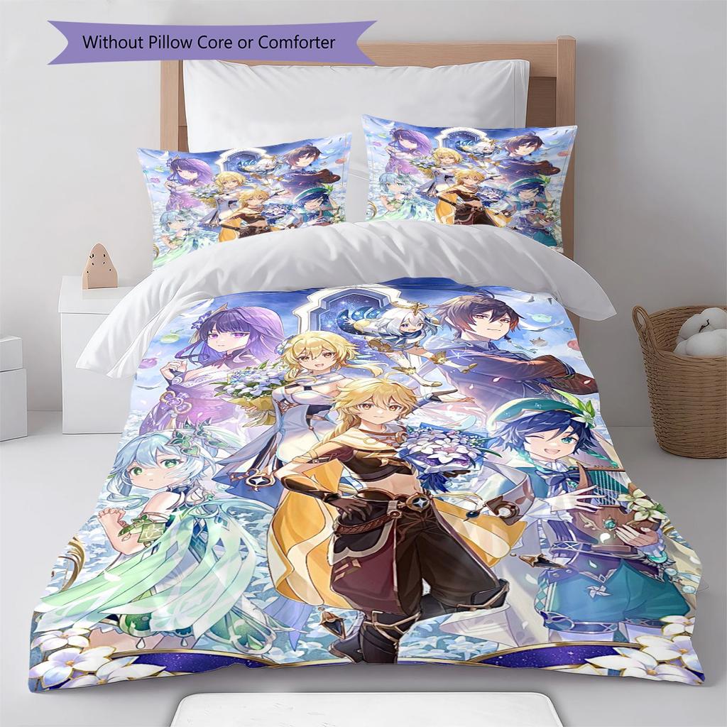 Genshin Impact Pattern Bedding Set Quilt Cover Pillowcase Home Decor Gift (1 * Duvet Cover + 2 * Pillowcase, Without Core)