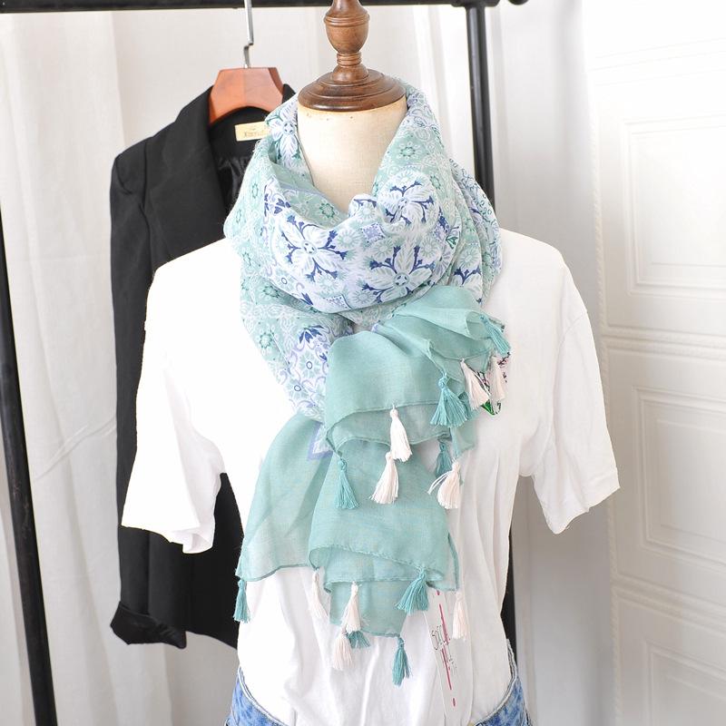 Ethnic Style Blue and White Porcelain Cotton and Linen Scarf, Women's Artistic Shawl, Travel Sunscreen Scarf, Office Shawl