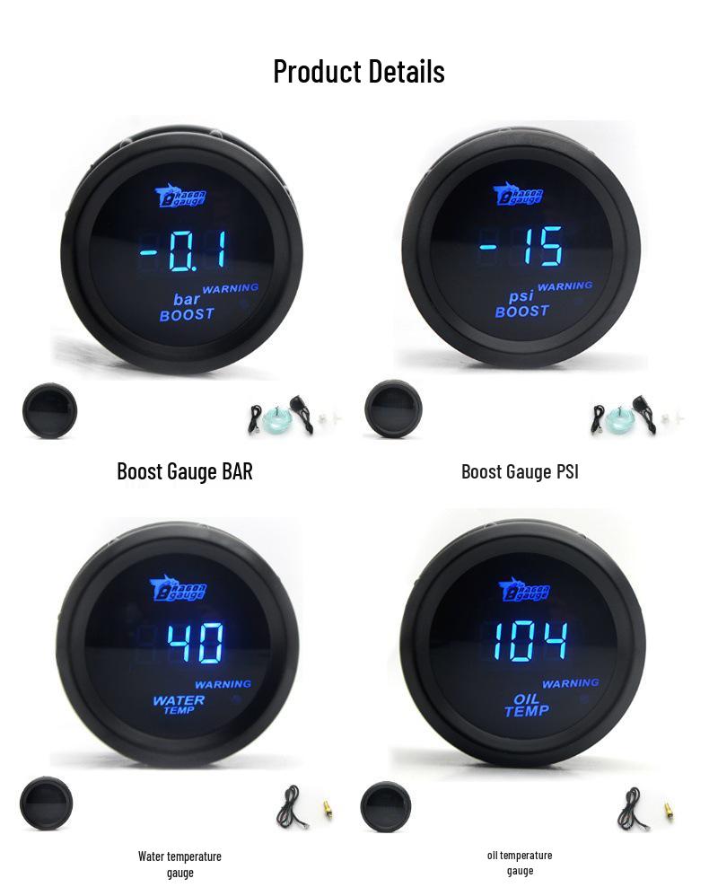 52MM Car Modification Gauge: Digital Display with Blue Light for Turbo, Water Temp, Oil Temp, Oil Pressure, Voltage (12V)