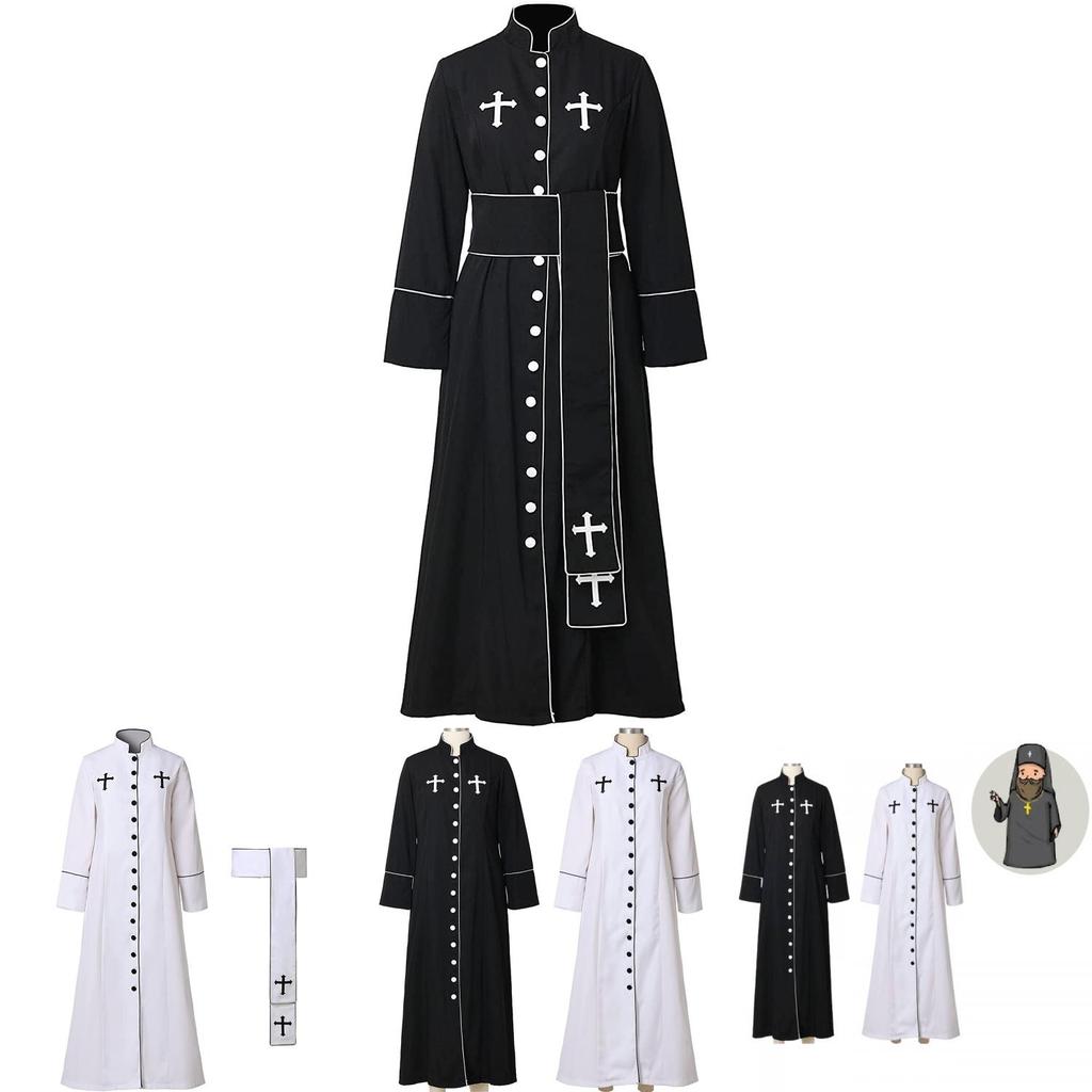 Women's Priest Robe With Stand Collar Roman Cassock Belt Street Style White/black Xs-5xl