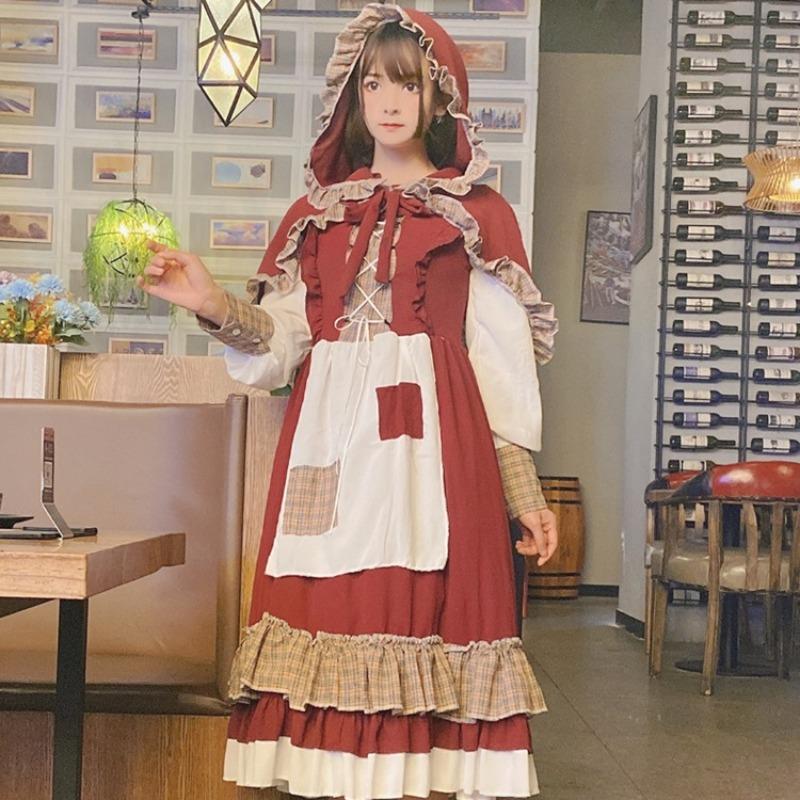 Halloween Costumes New Lolita Dress, Patched Lace Little Red Riding Hood, Burgundy Cute Dress