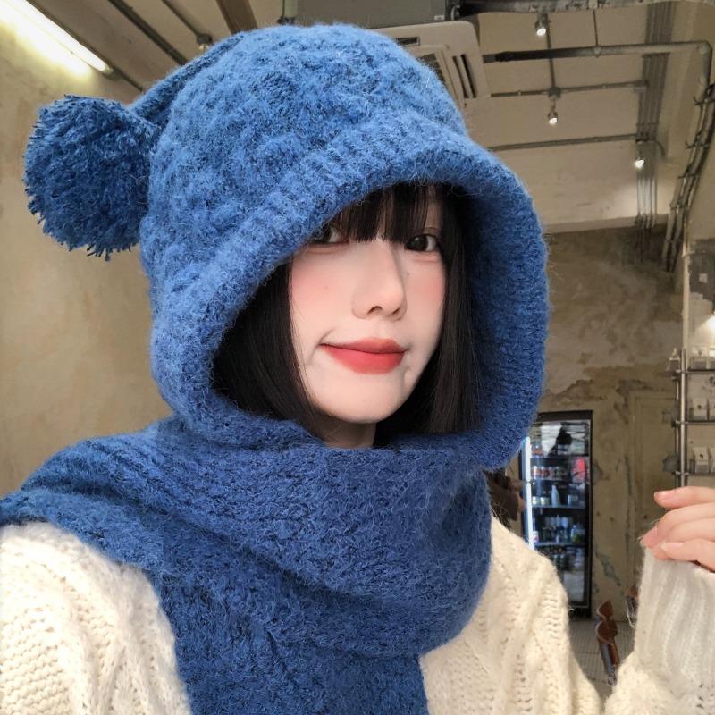 Meier Hairball blue balaclava hat, girls winter thickened warm knitted hat
