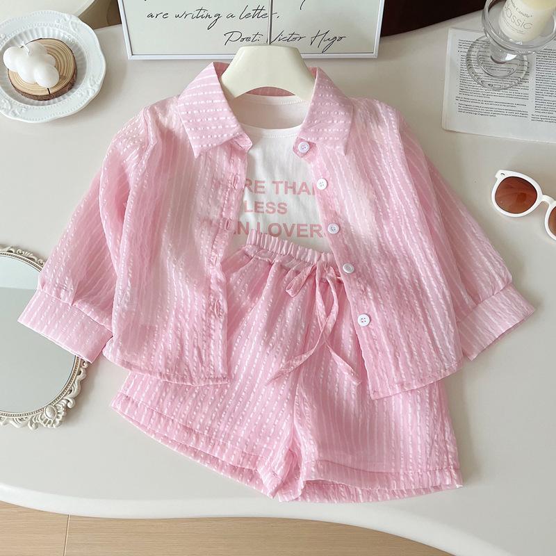 

Летний костюм-тройка для девочек с защитой от солнца в вертикальную полоску, 2025: Топ с длинным рукавом, Шорты 130cm