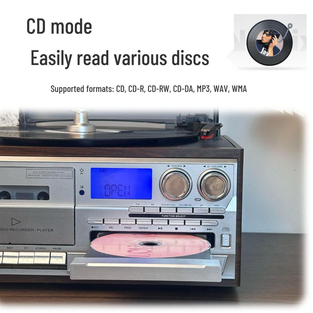 Ten-in-One Retro Vinyl Record Player: Bluetooth Speaker, Radio, Cassette & CD Player, Transcriber – Perfect Gift!