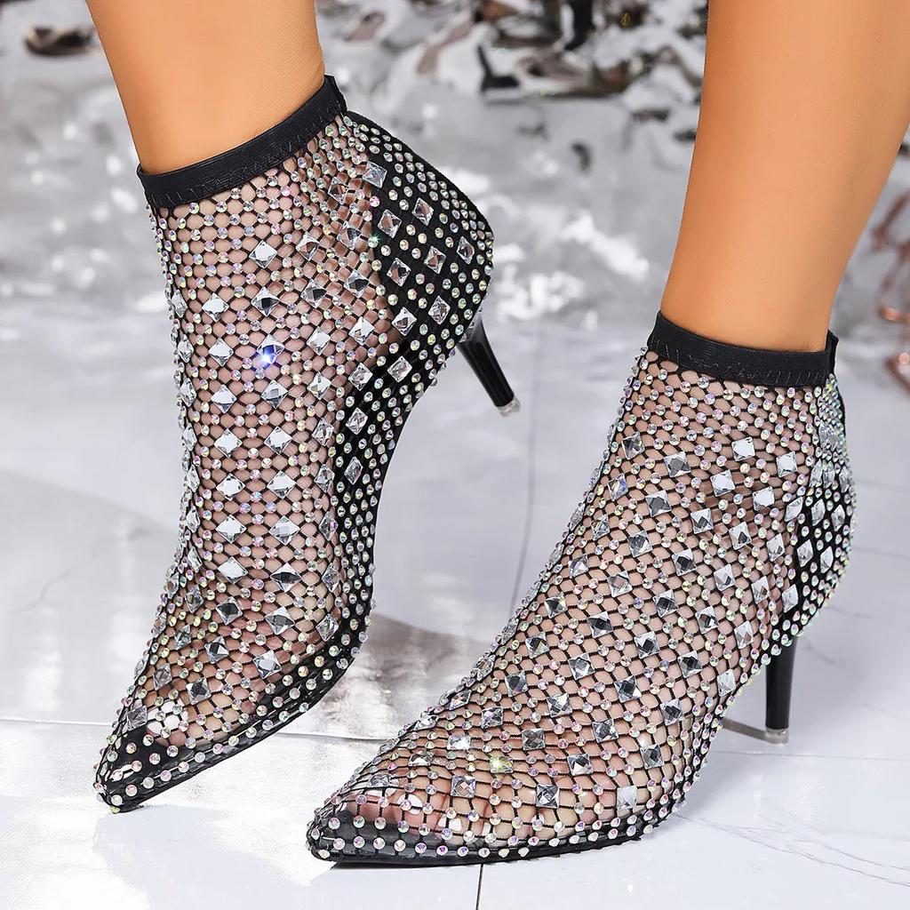 Fashion Heel Shoes Large Size Pointed Toe Shing Rhinestone Sandals Personality Elastic Transpatent Breathable Sandalias