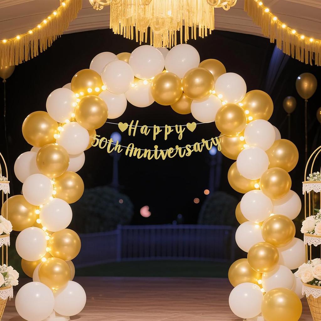 2pcs Happy 50th Anniversary Banner, Pre-Strung Glitter Gold 50th Wedding Anniversary Banner 50 Year Loved Party Favor & Decor Decorations