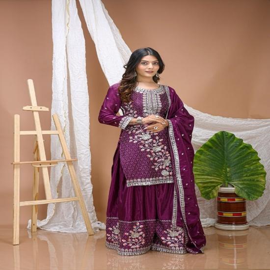 Elegant Deep Purple Silk Embroidered Sharara Suit Set S