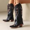 Fashion New Autumn Winter Women Boot Fashion Embroidered Western Denim Boots for Women Chunky Heel Tassels Mid-calf Boots Ladies Shoes