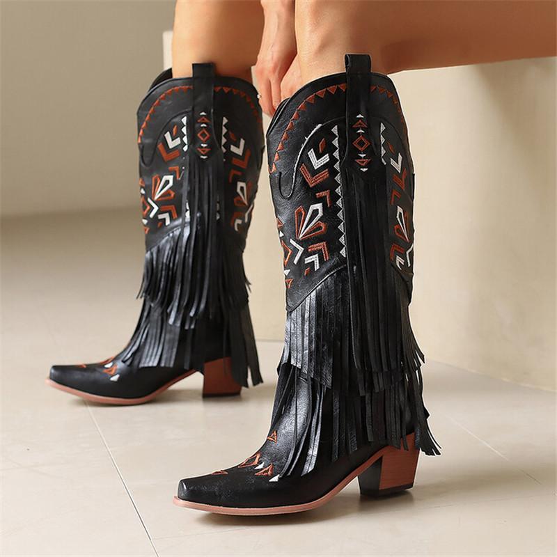 Fashion New Autumn Winter Women Boot Fashion Embroidered Western Denim Boots for Women Chunky Heel Tassels Mid-calf Boots Ladies Shoes