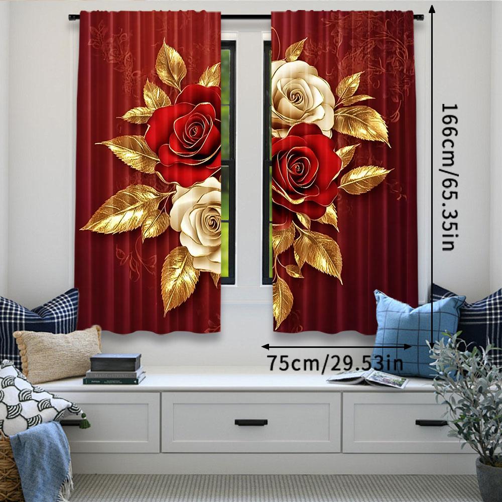 2Pcs Red And Golden Rose Floral Curtain Modern Arts Design Suitable For Bedroom Bathroom Living Room Dining Room Study Room