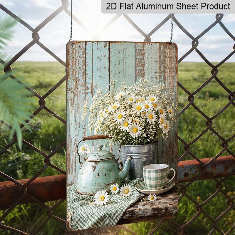 2D Flat Rustic Farmhouse Daisy Teapot Coffee Cup Vintage Metal Sign - 8.0x12.0inch Aluminum Wall Art, Country Kitchen Farmhouse Wall Decor
