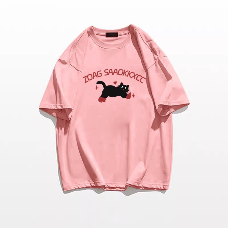 Women's Plus Size Retro Cartoon Kitten Cotton T-Shirt, Summer 2025 Collection, Short Sleeve, Off-Shoulder, Loose Fit.