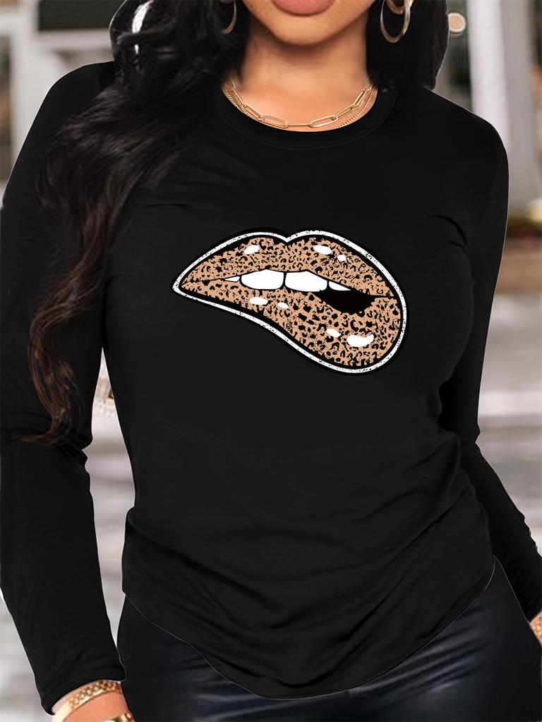100% Polyester Women's Spring and Autumn Fashion Comfortable Long Sleeve Love Footprint Pattern Printed Round Neck T-shirt