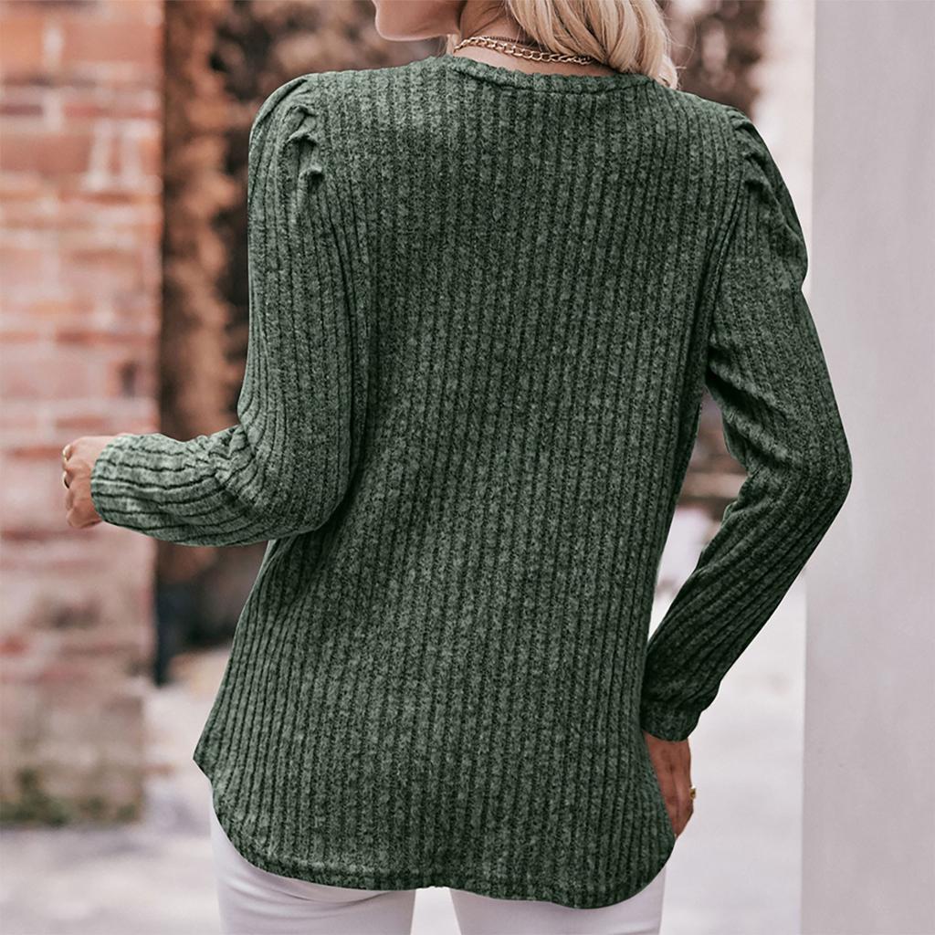 Women's Winter Tops Long Sleeve T-Shirt Round Neck Solid Color Fashion Button Tops