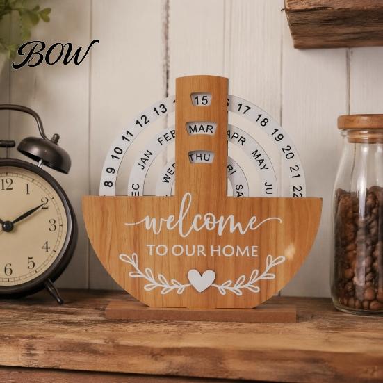 Natural Wood Perpetual Calendar Wooden Calendar, Manual Rotating Desk for Home Office Creative Gift Decor, Date Month Week Display Desktop Ornament