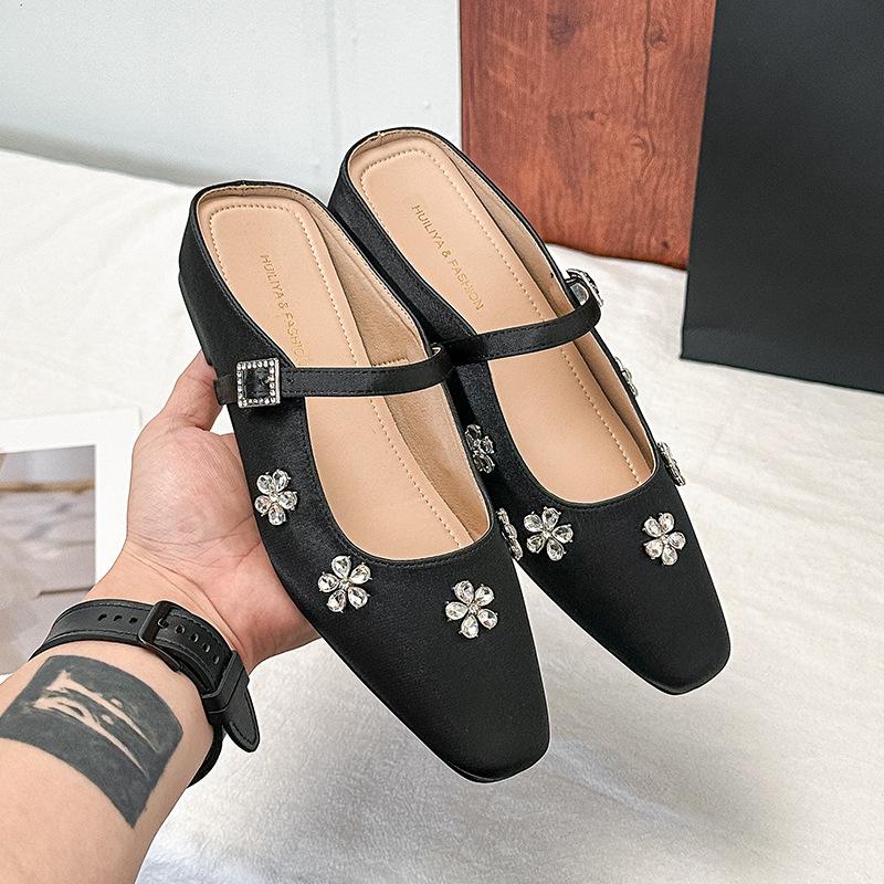 Fashion Sparkling Rhinestone Satin Flat Sandals Women Fairy Core Slip On Mules for Dress Outfits