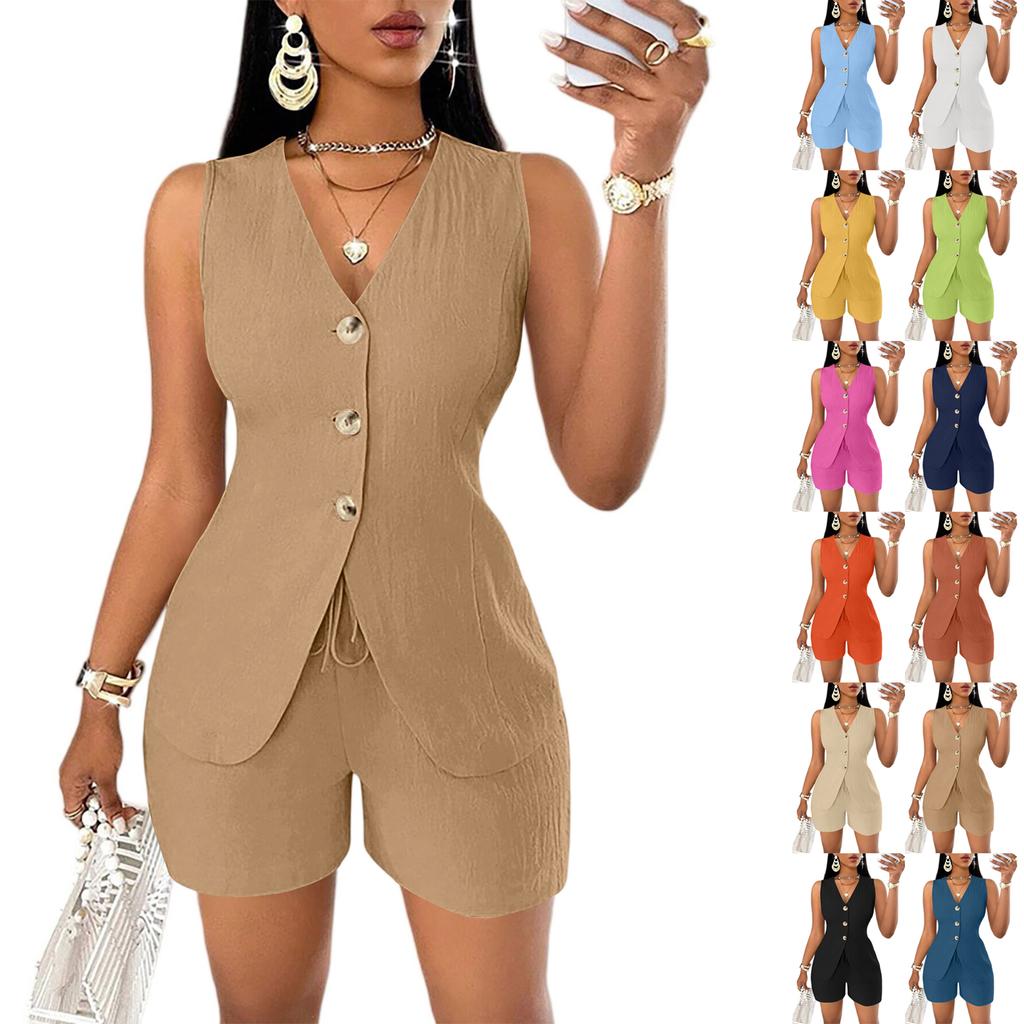 Women's Fashion Casual Summer Open Chest Tie Sleeveless Shirt -Quarter Pants Suit