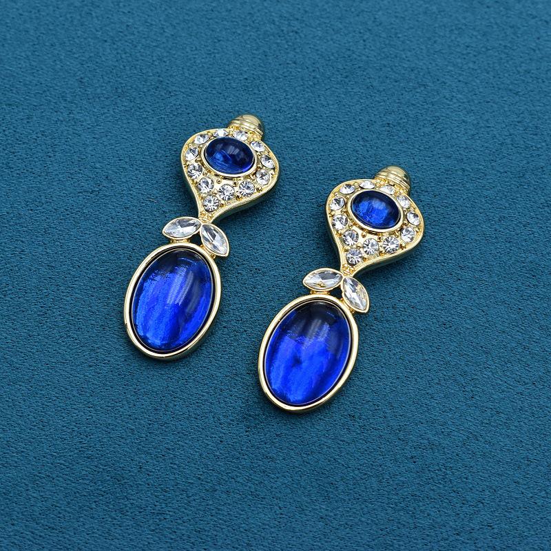 Vintage Blue Gemstone Gold-Plated Geometric Stud Earrings