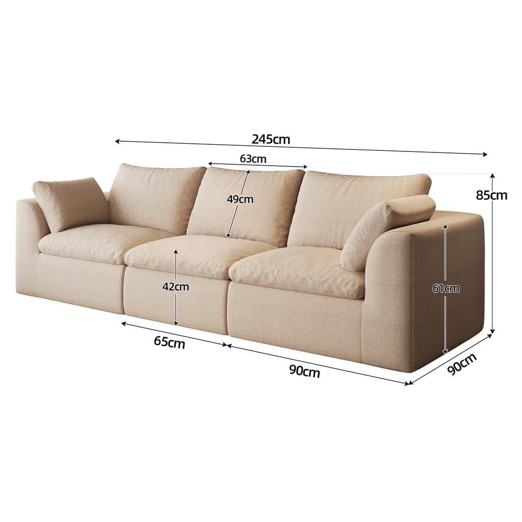 245cm Vacuum Packed Cloud Sofa 3-Seat,Foam Compressed sofa for Living Room,Khaki