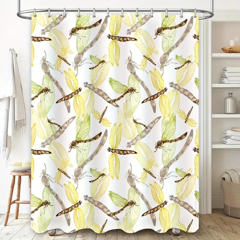 Charming Dragonflies Green Leaves Waterproof Shower Curtain for Bathroom Decor Available in Multiple Sizes