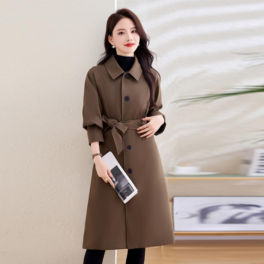 Coffee trench coat women's spring and autumn style small temperament versatile waist knee long coat