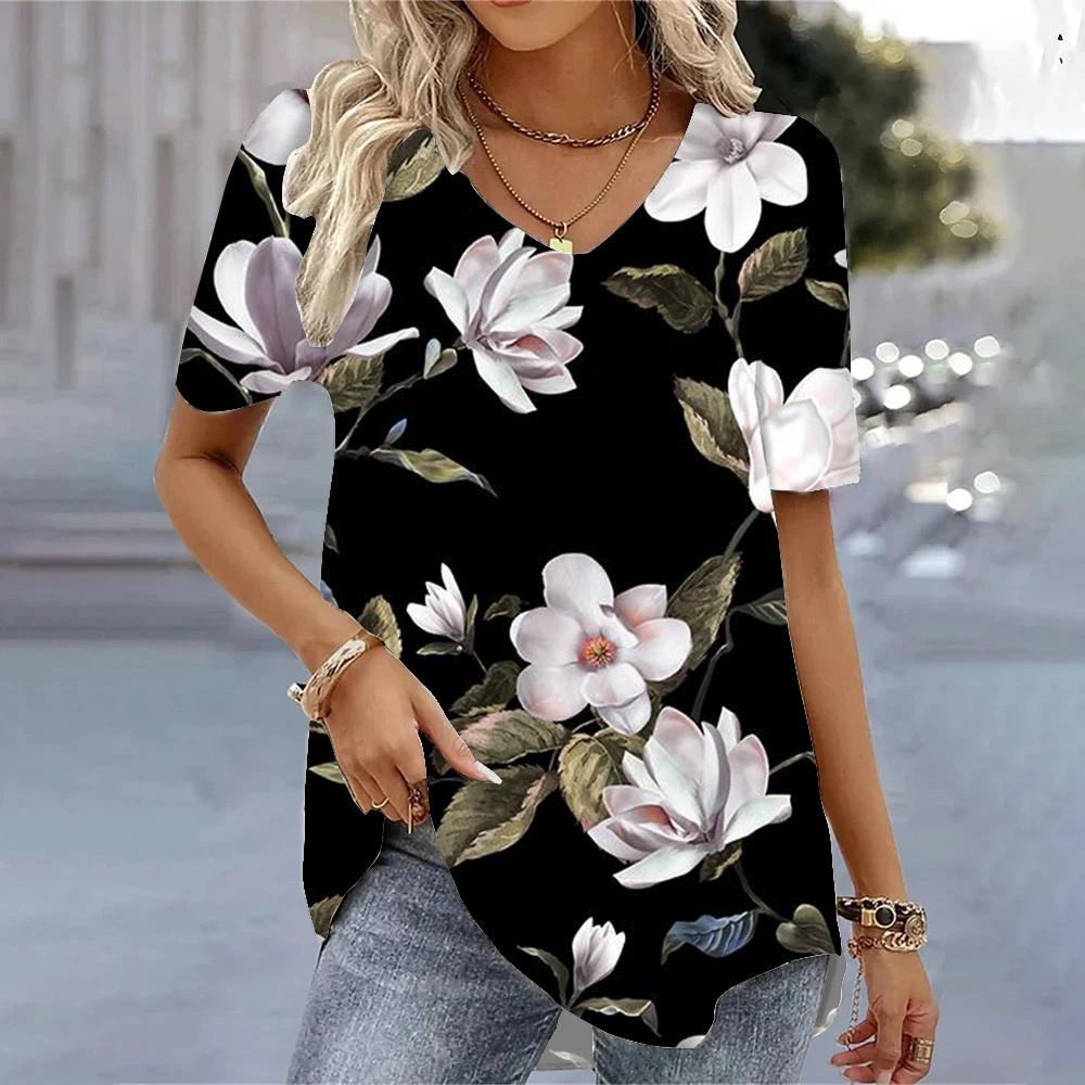 Women's T-shirt 3D Floral Pattern Printing Casual Short-sleeved V-neck Loose Top